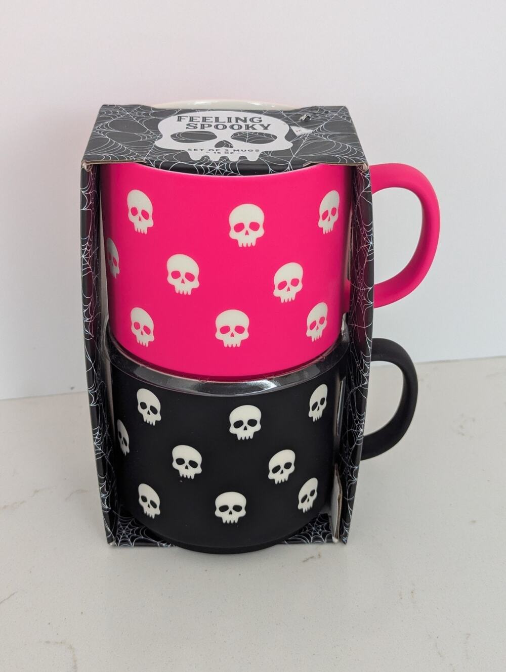 Sunday Morning Ceramics Skull Mug Set 2 Feeling Spooky Pink Black Matte 16oz NEW